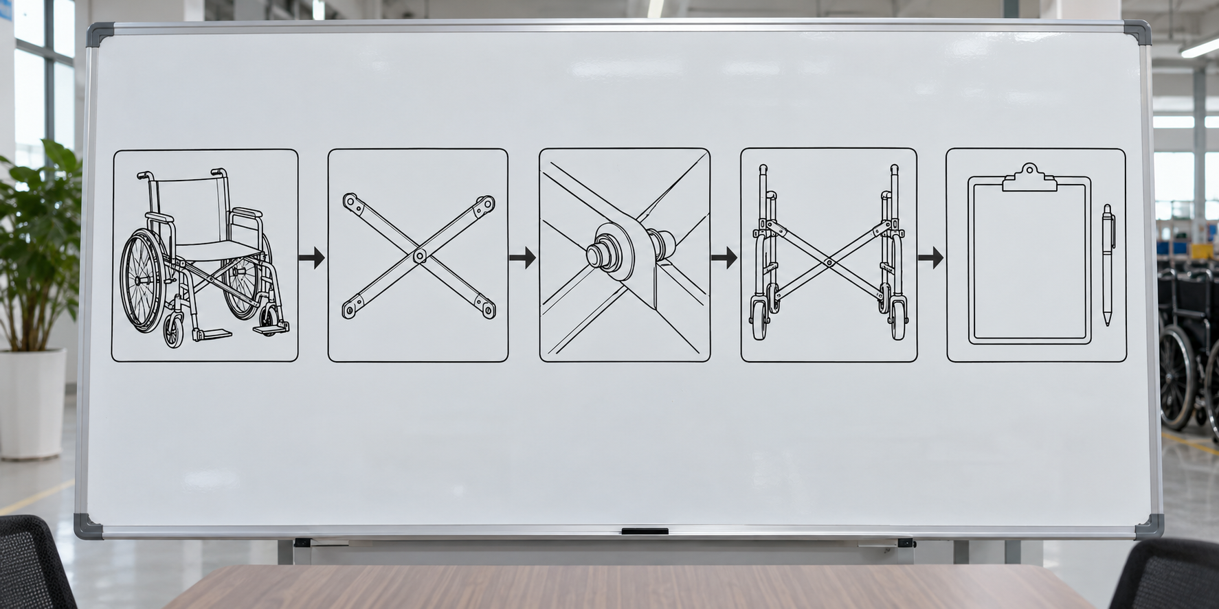 Photoreal manual wheelchair cross brace procurement chart covering identity, measurement, inspection, service and record