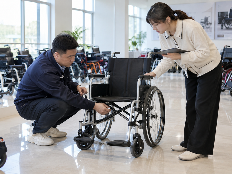 Illustrative East Asian product team reviewing the cross brace on a complete manual wheelchair in mainland China