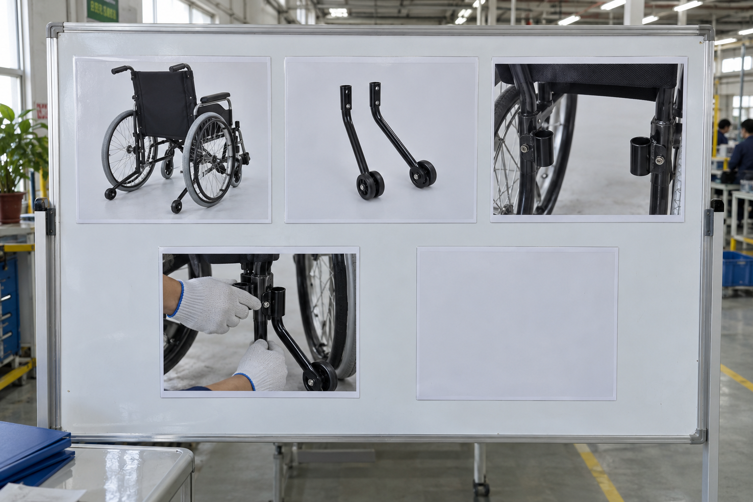 Photoreal manual wheelchair anti-tip bars procurement chart covering identity, measurement, inspection, service and record