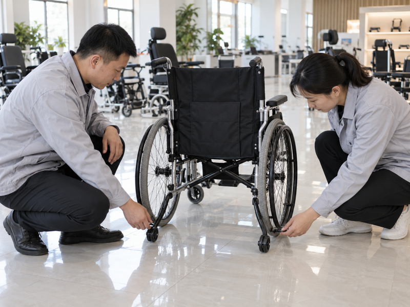 Illustrative East Asian product team reviewing the anti-tip bars on a complete manual wheelchair in mainland China