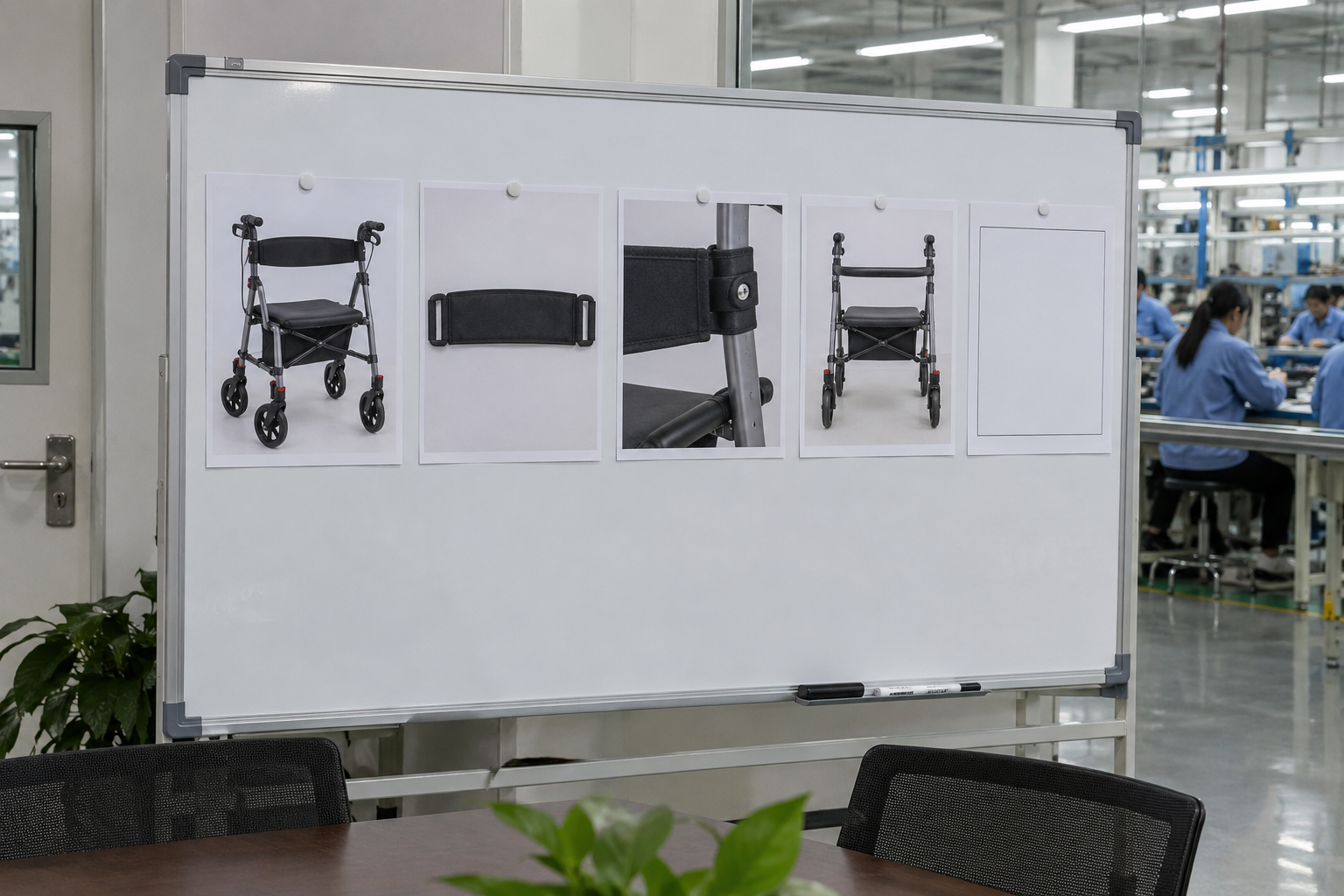 Photoreal rollator backrest strap procurement chart covering identity, measurement, inspection, service and record