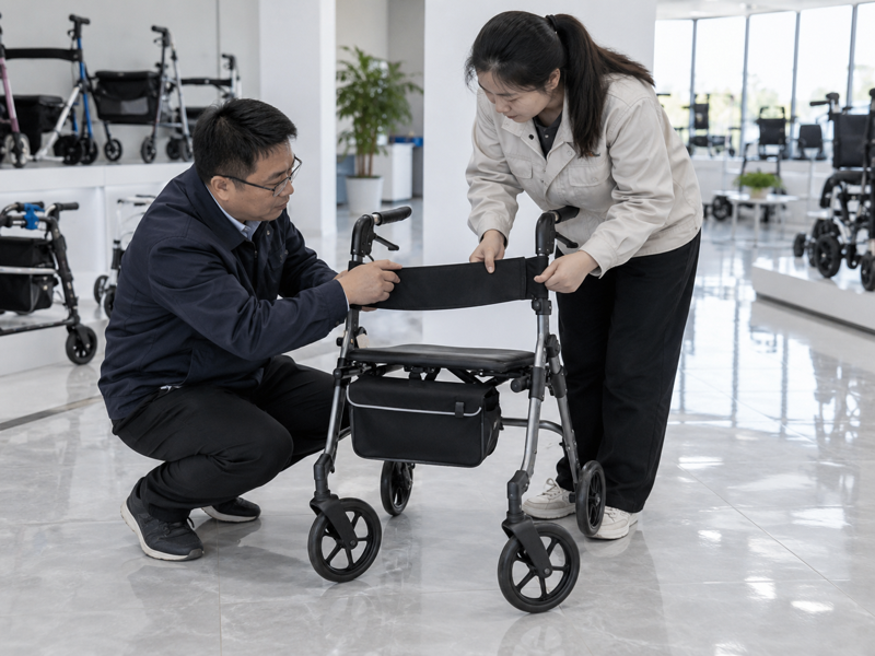Illustrative East Asian product team reviewing the backrest strap on a complete rollator in mainland China
