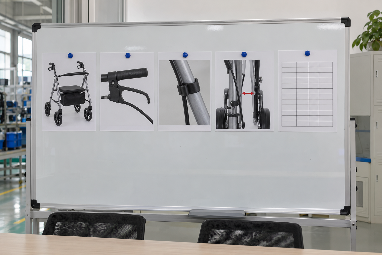 Photoreal rollator brake cable guide procurement chart covering identity, measurement, inspection, service and record