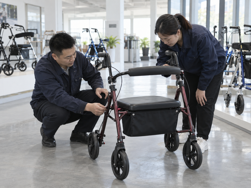 Illustrative East Asian product team reviewing the brake cable guide on a complete rollator in mainland China