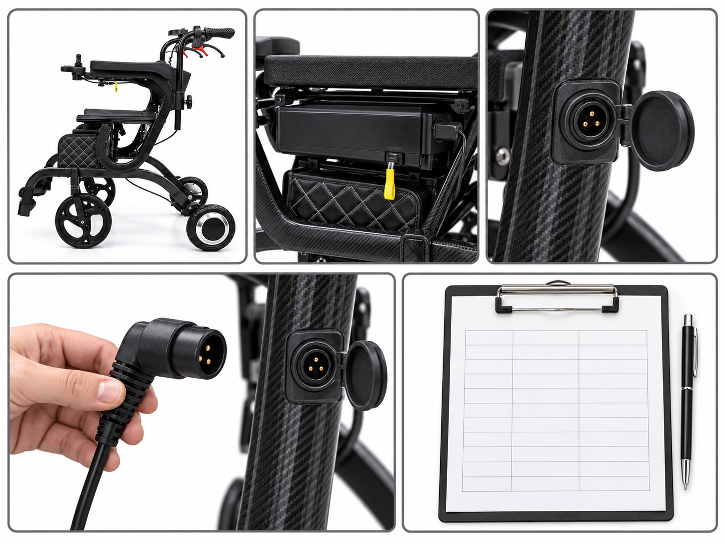 Photoreal electric walker charging port procurement chart covering identity, measurement, inspection, service and record