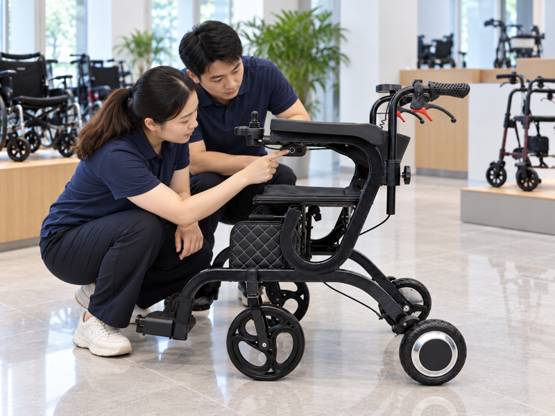 Illustrative East Asian product team reviewing the charging port on a complete electric walker in mainland China