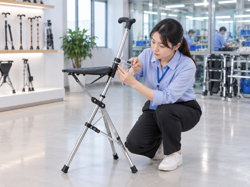 Illustrative East Asian product team reviewing the locking collar on a complete cane seat in mainland China