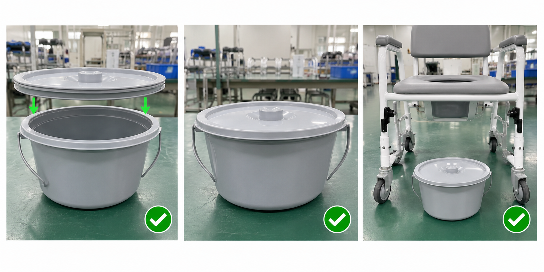 Photoreal commode chair bucket lid procurement chart covering identity, measurement, inspection, service and record