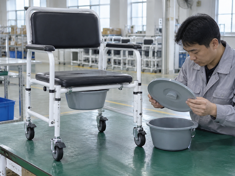 Illustrative East Asian product team reviewing the bucket lid on a complete commode chair in mainland China