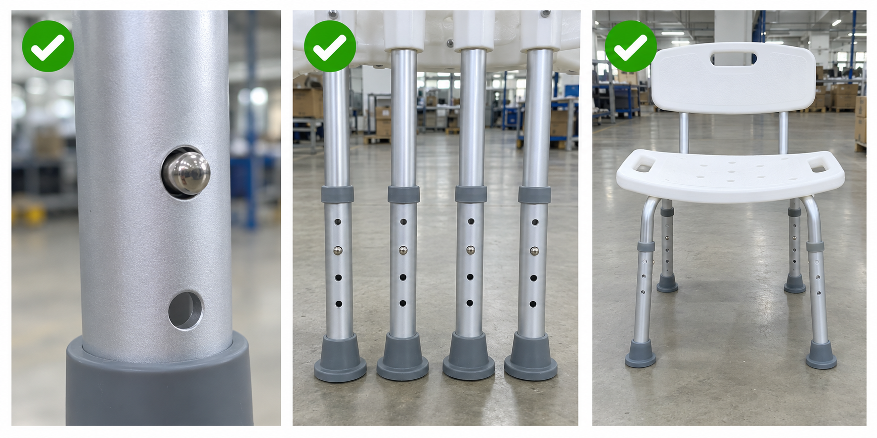 Photoreal shower chair height pins procurement chart covering identity, measurement, inspection, service and record