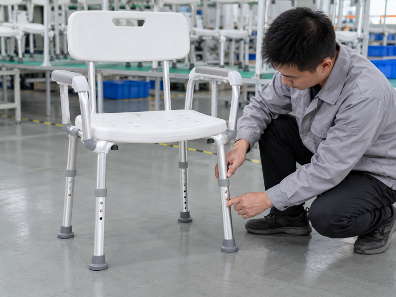 Illustrative East Asian product team reviewing the height pins on a complete shower chair in mainland China