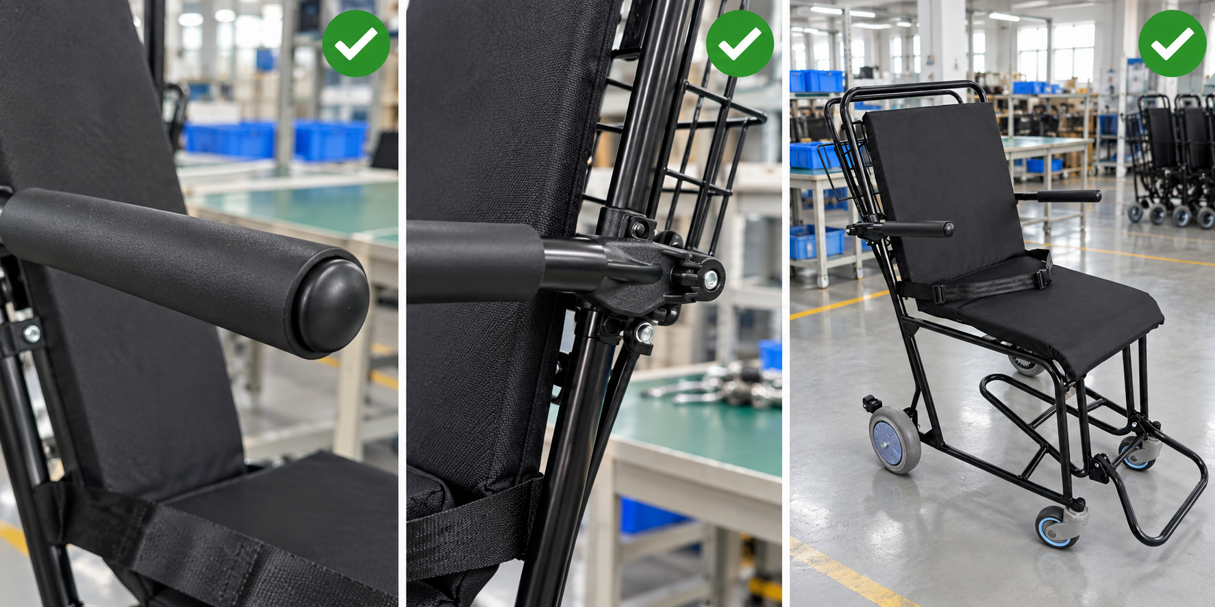 Photoreal airport wheelchair arm supports procurement chart covering identity, measurement, inspection, service and record