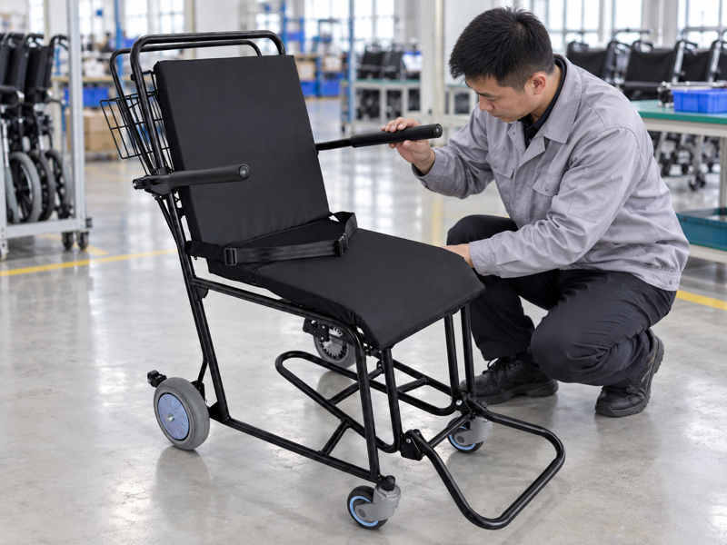 Illustrative East Asian product team reviewing the arm supports on a complete airport wheelchair in mainland China