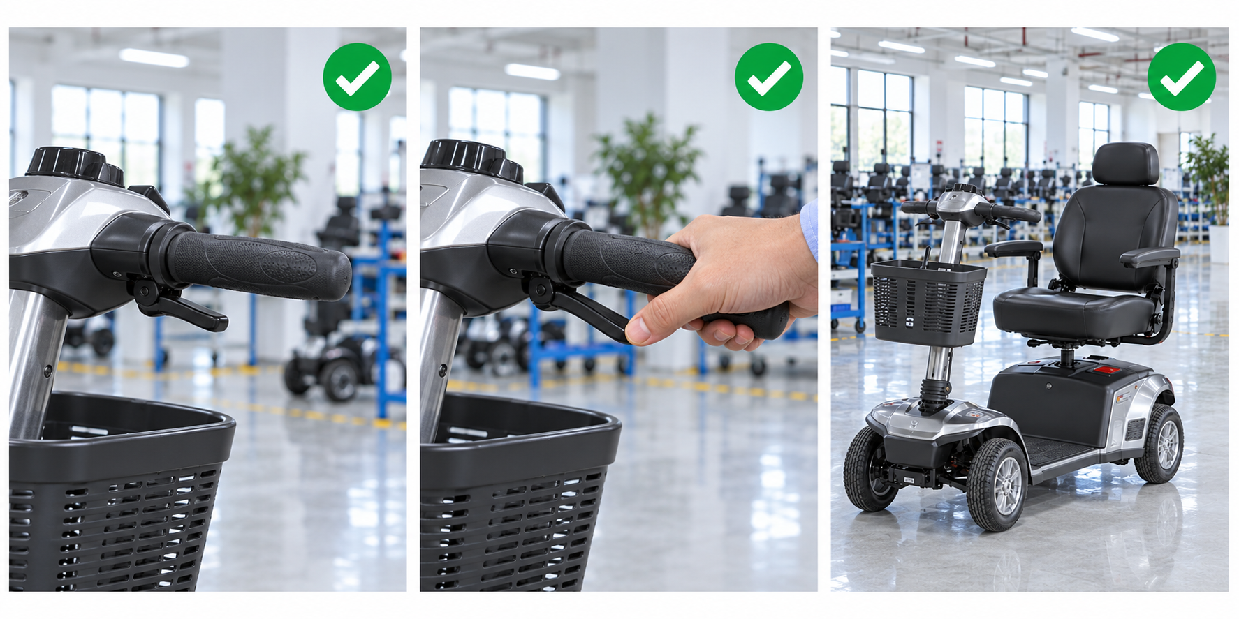 Photoreal mobility scooter throttle lever procurement chart covering identity, measurement, inspection, service and record