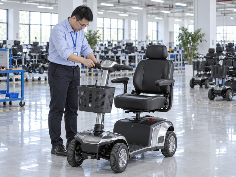 Illustrative East Asian product team reviewing the throttle lever on a complete mobility scooter in mainland China