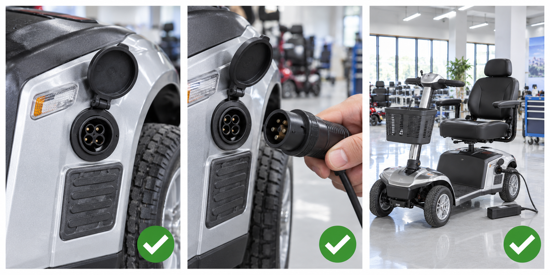 Photoreal mobility scooter charging socket procurement chart covering identity, measurement, inspection, service and record