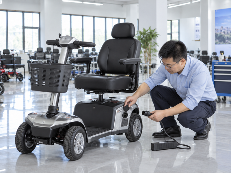Illustrative East Asian product team reviewing the charging socket on a complete mobility scooter in mainland China