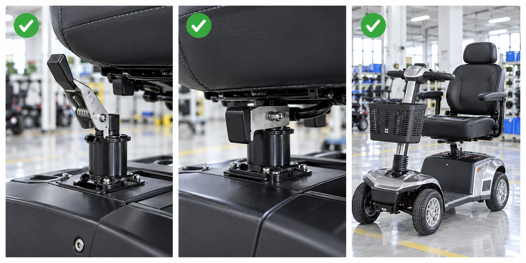 Photoreal mobility scooter disassembly latch procurement chart covering identity, measurement, inspection, service and record