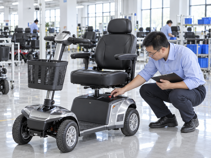 Illustrative East Asian product team reviewing the disassembly latch on a complete mobility scooter in mainland China