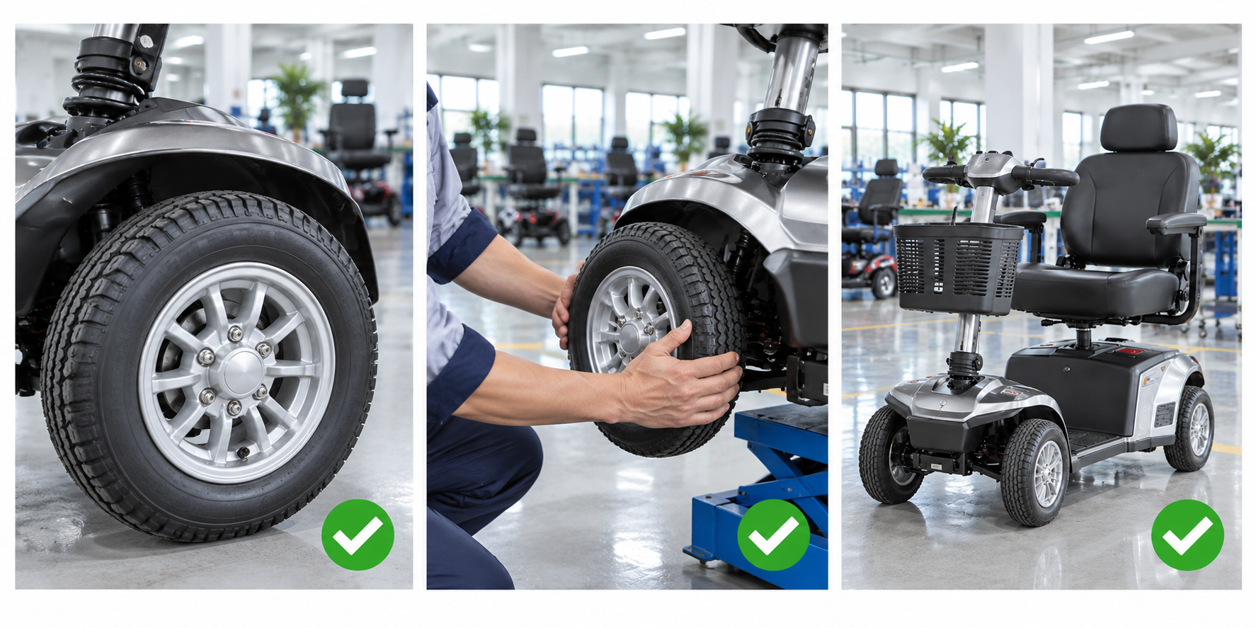 Photoreal mobility scooter wheel hub procurement chart covering identity, measurement, inspection, service and record