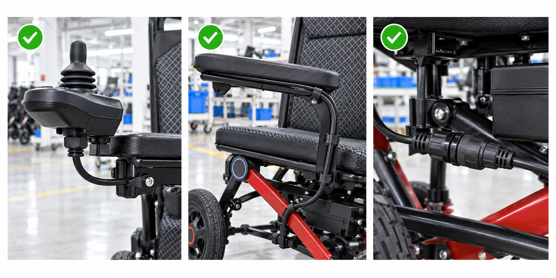 Photoreal power chair controller cable procurement chart covering identity, measurement, inspection, service and record