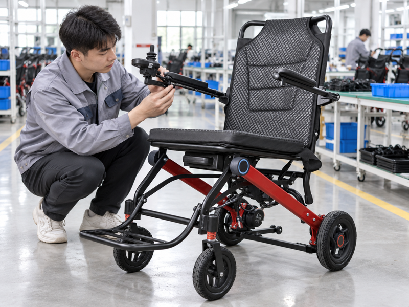 Illustrative East Asian product team reviewing the controller cable on a complete power chair in mainland China