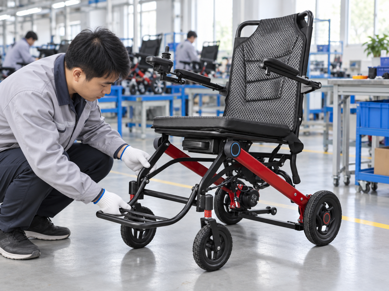 Illustrative East Asian product team reviewing the legrest hanger on a complete electric wheelchair in mainland China