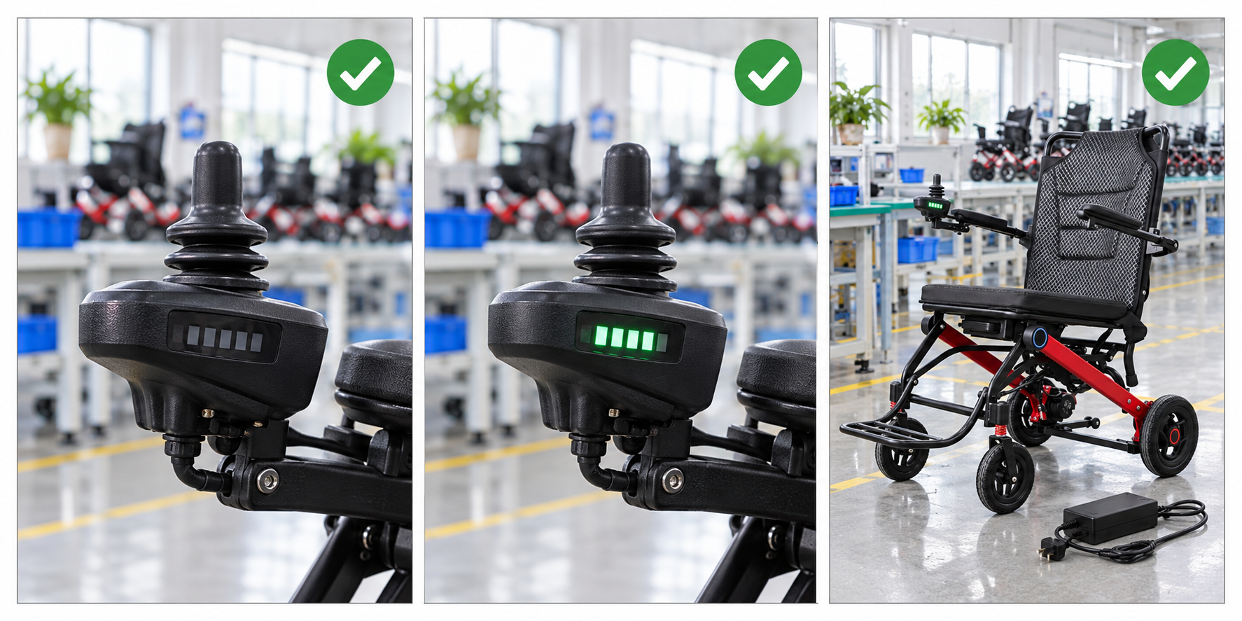 Photoreal power chair battery indicator procurement chart covering identity, measurement, inspection, service and record