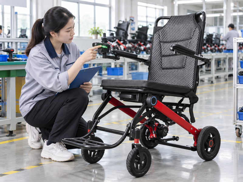 Illustrative East Asian product team reviewing the battery indicator on a complete power chair in mainland China