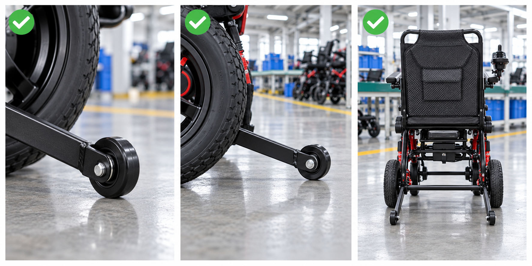 Photoreal power chair anti-tip roller procurement chart covering identity, measurement, inspection, service and record
