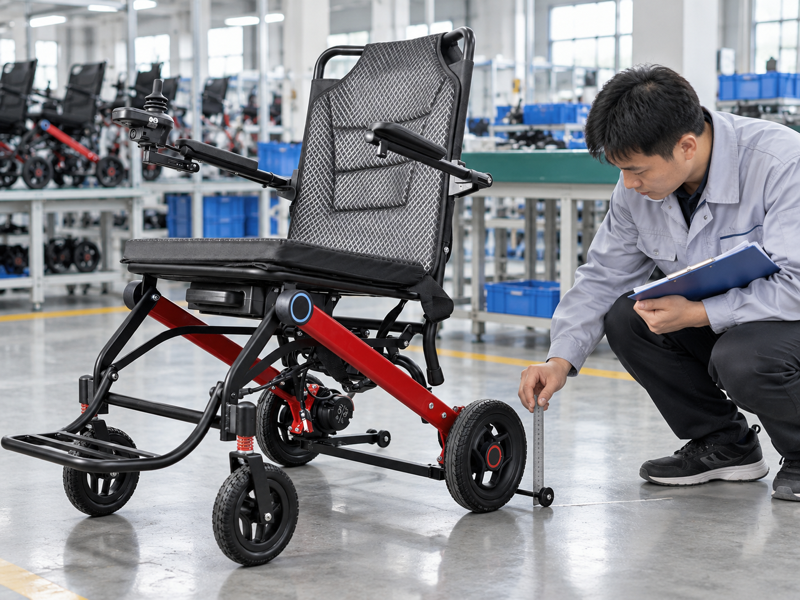 Illustrative East Asian product team reviewing the anti-tip roller on a complete power chair in mainland China