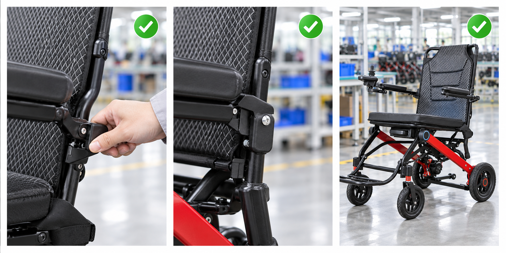 Photoreal electric wheelchair seat-back release procurement chart covering identity, measurement, inspection, service and record