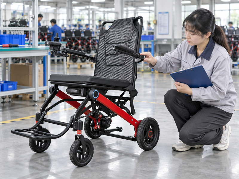 Illustrative East Asian product team reviewing the seat-back release on a complete electric wheelchair in mainland China