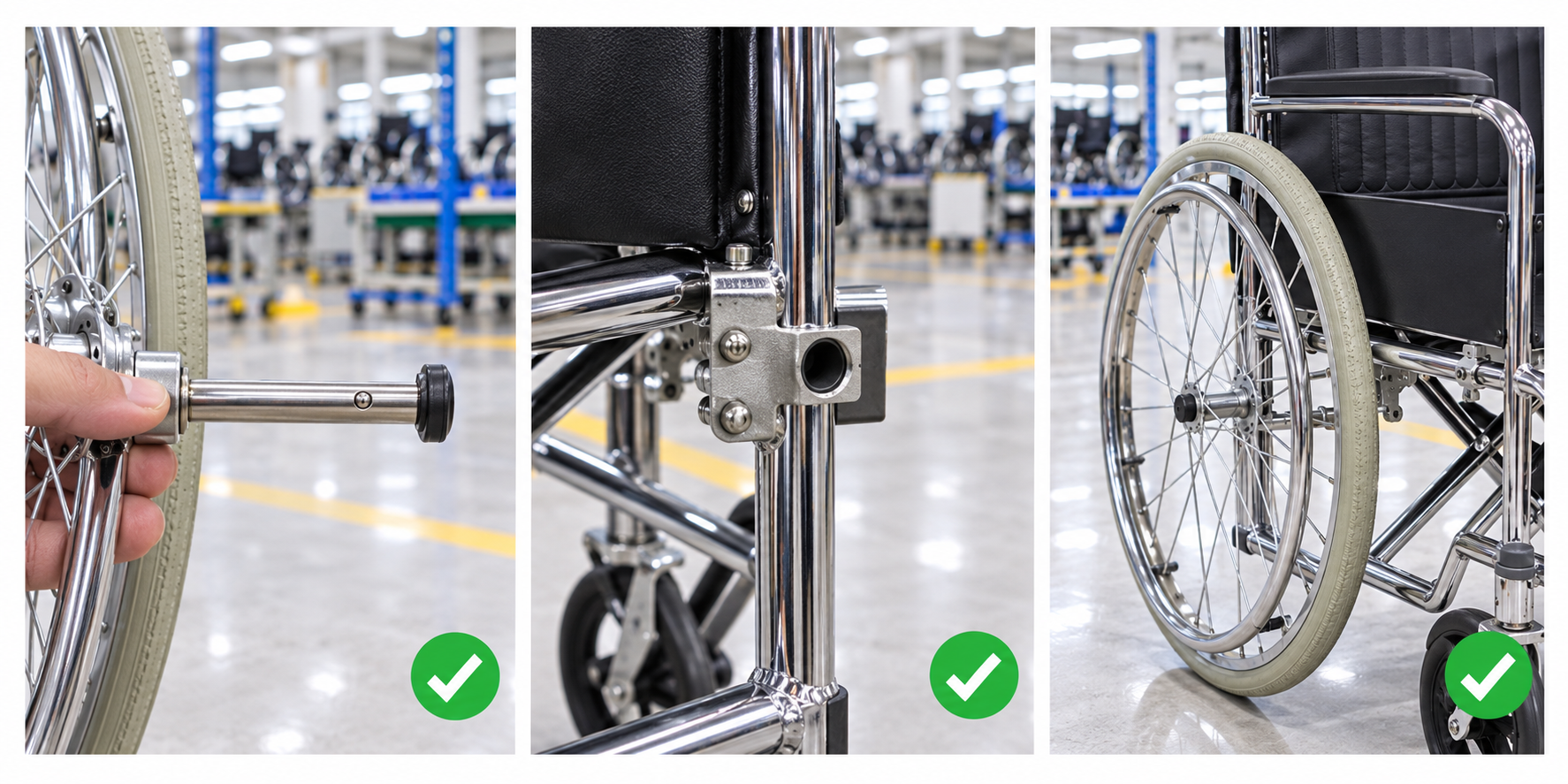 Photoreal manual wheelchair quick-release axle procurement chart covering identity, measurement, inspection, service and record