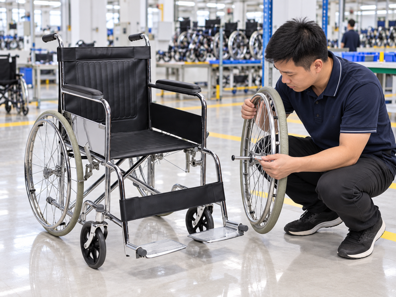 Illustrative East Asian product team reviewing the quick-release axle on a complete manual wheelchair in mainland China