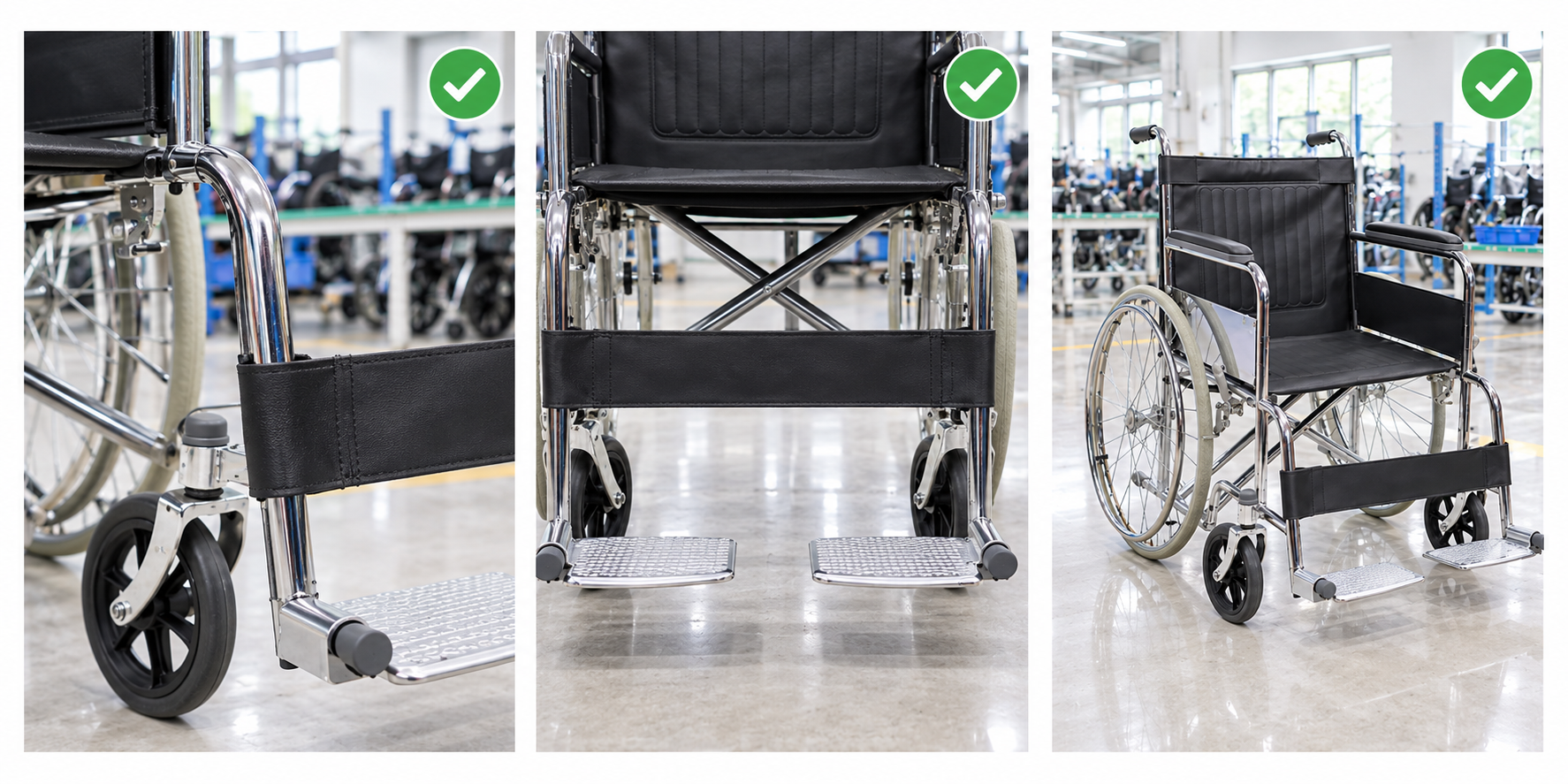 Photoreal manual wheelchair calf strap procurement chart covering identity, measurement, inspection, service and record