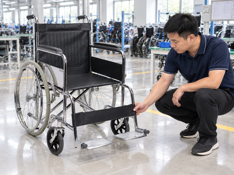 Illustrative East Asian product team reviewing the calf strap on a complete manual wheelchair in mainland China