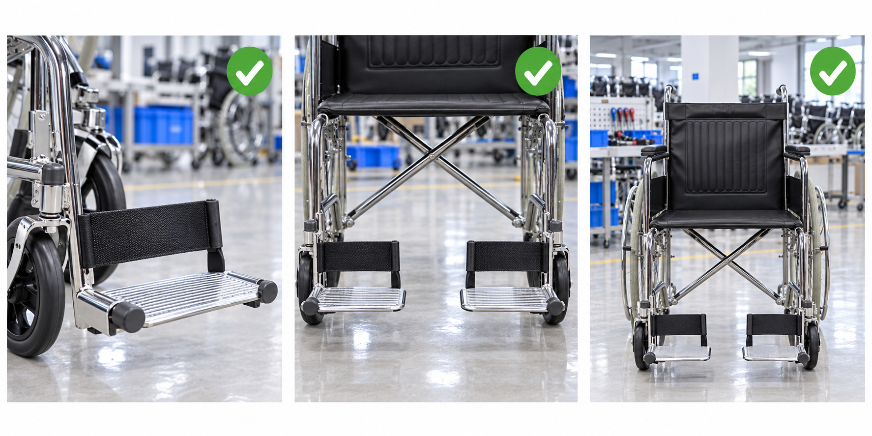 Photoreal manual wheelchair heel loop procurement chart covering identity, measurement, inspection, service and record