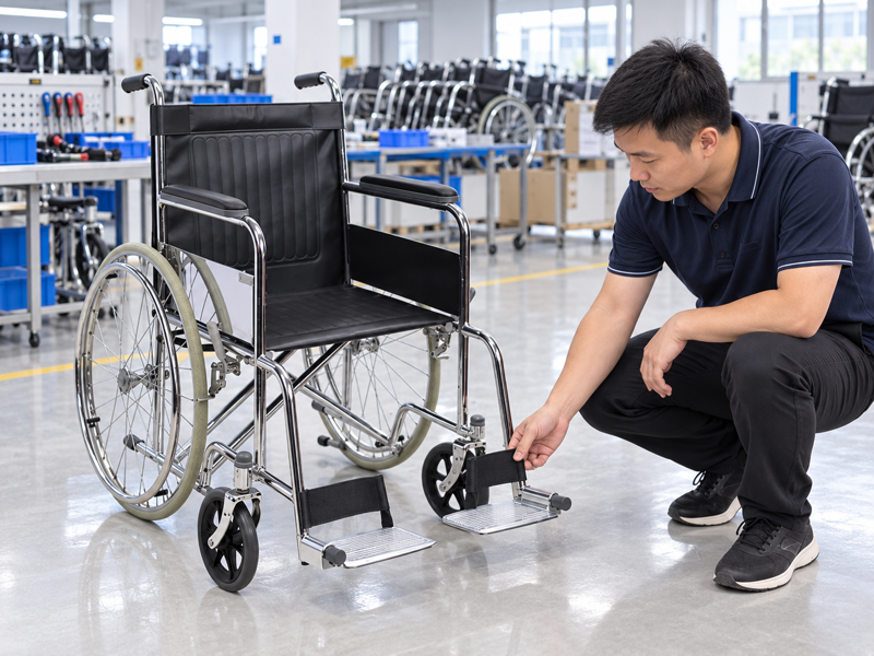 Illustrative East Asian product team reviewing the heel loop on a complete manual wheelchair in mainland China