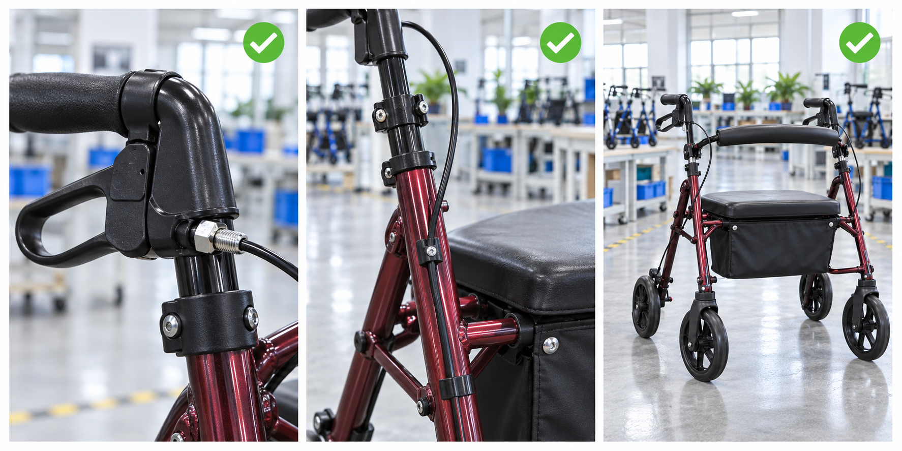 Photoreal rollator brake cable adjuster procurement chart covering identity, measurement, inspection, service and record