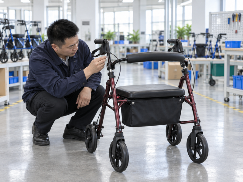 Illustrative East Asian product team reviewing the brake cable adjuster on a complete rollator in mainland China