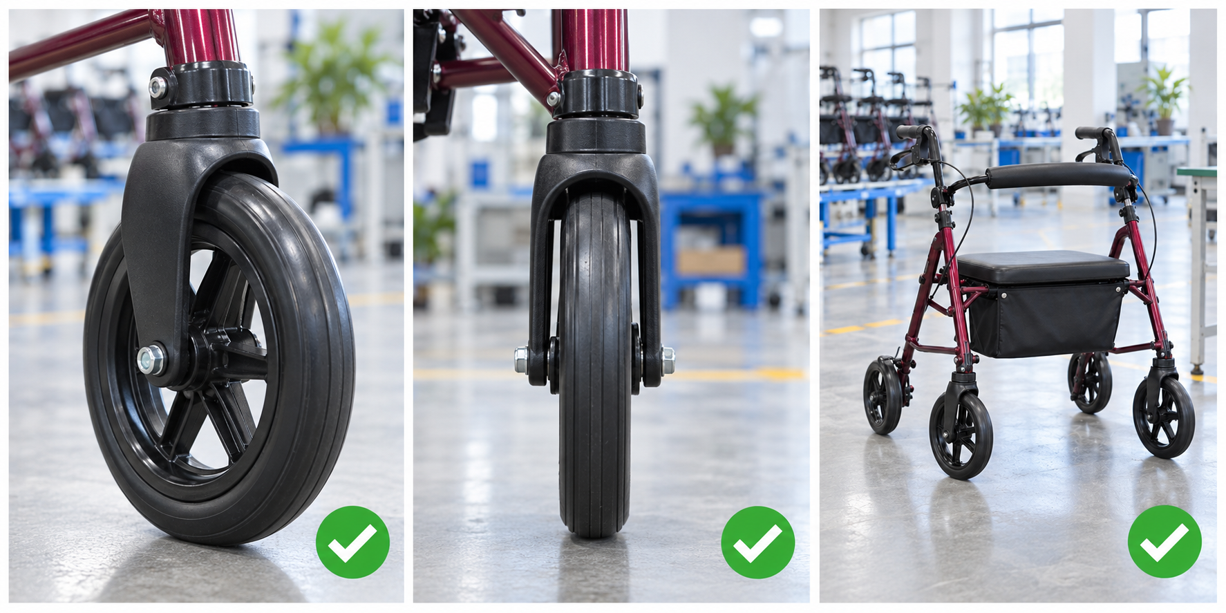 Photoreal rollator wheel fork procurement chart covering identity, measurement, inspection, service and record