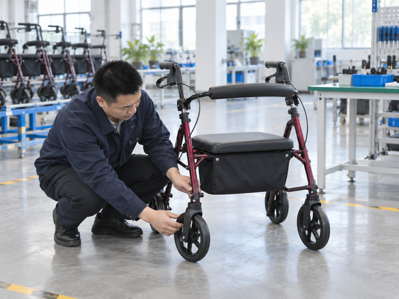 Illustrative East Asian product team reviewing the wheel fork on a complete rollator in mainland China