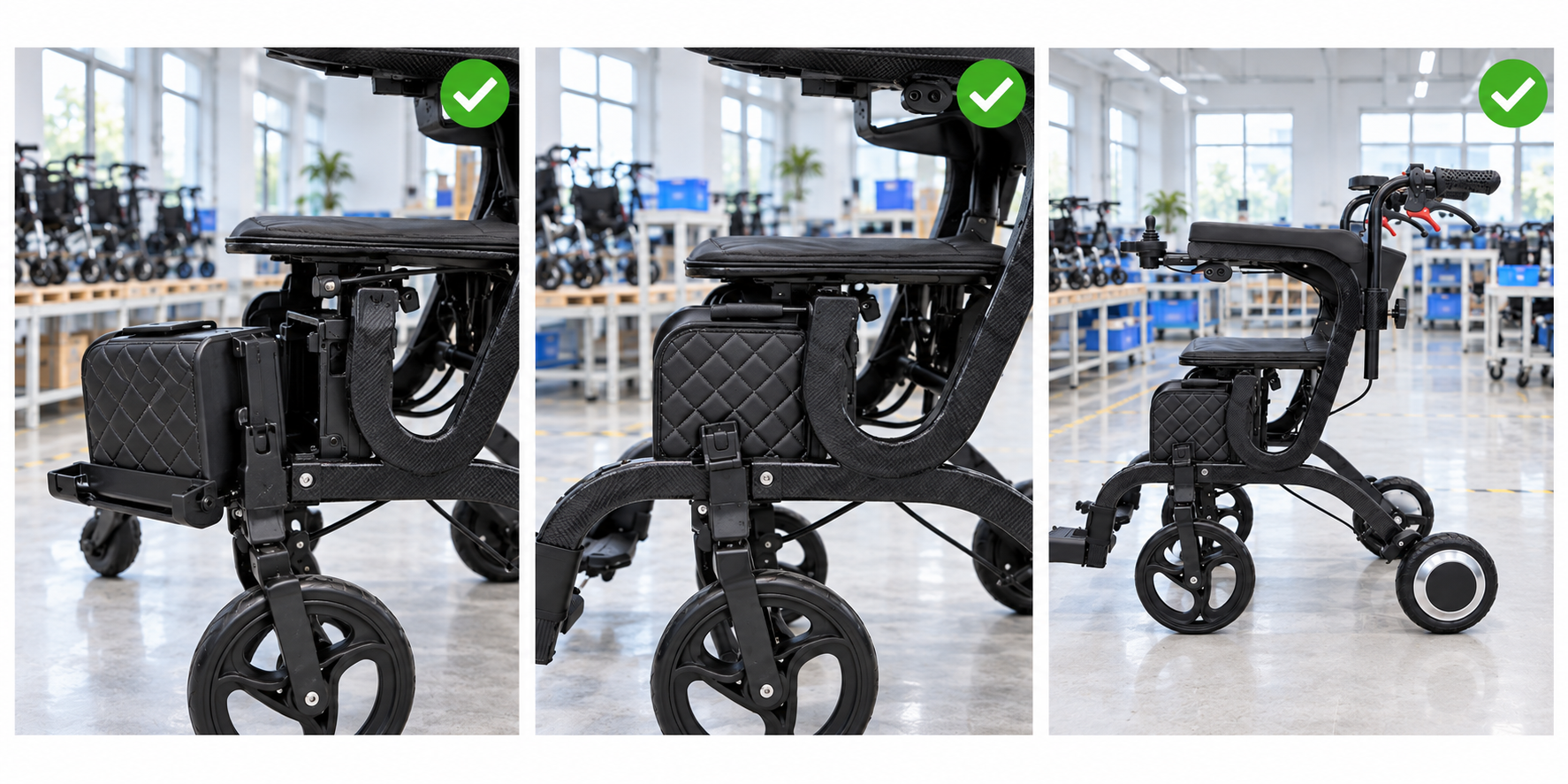 Photoreal electric walker battery latch procurement chart covering identity, measurement, inspection, service and record