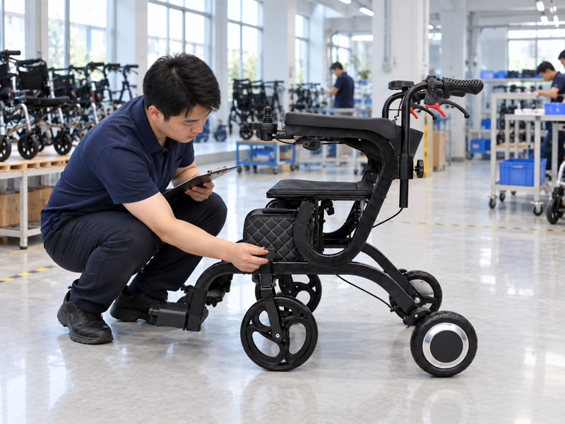 Illustrative East Asian product team reviewing the battery latch on a complete electric walker in mainland China