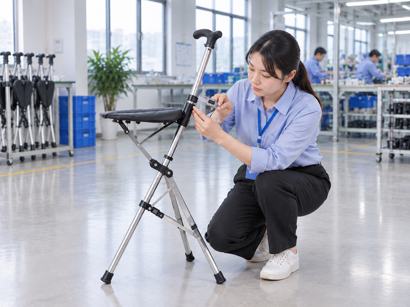 Illustrative East Asian product team reviewing the support linkage on a complete cane seat in mainland China