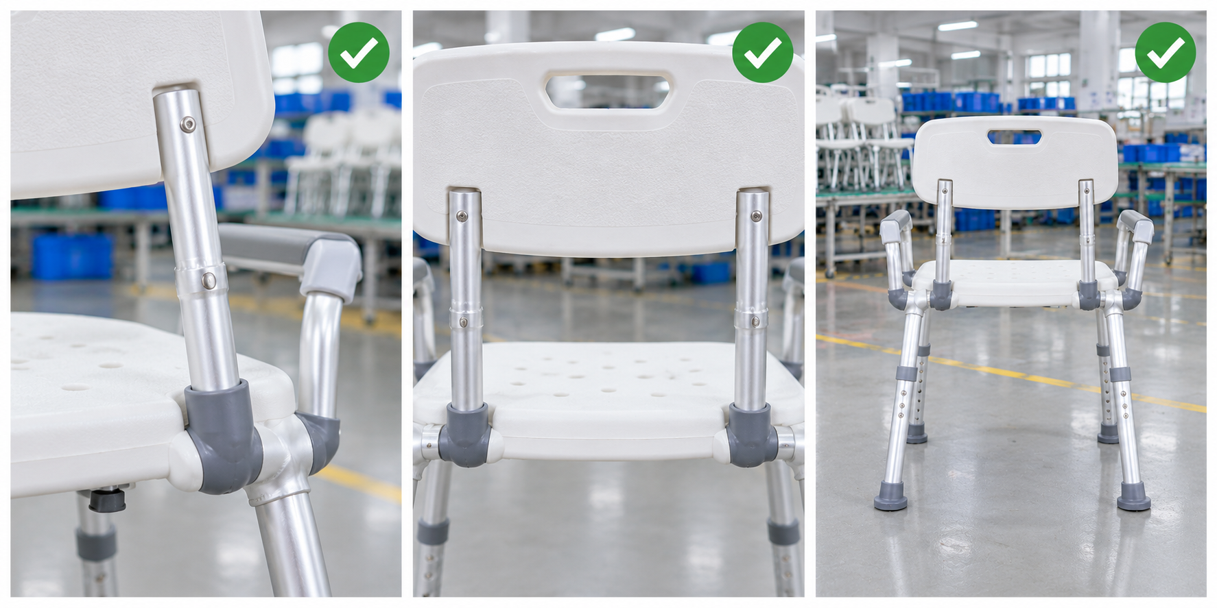 Photoreal shower chair backrest mount procurement chart covering identity, measurement, inspection, service and record