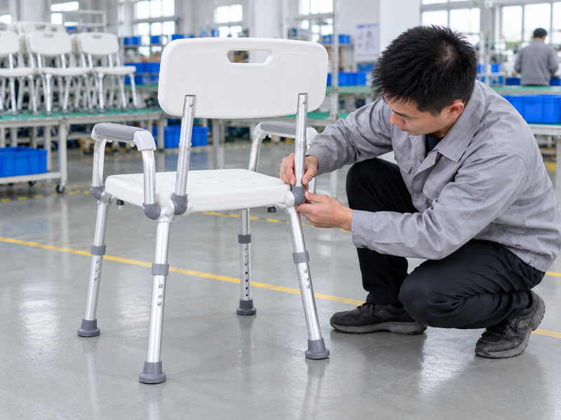 Illustrative East Asian product team reviewing the backrest mount on a complete shower chair in mainland China