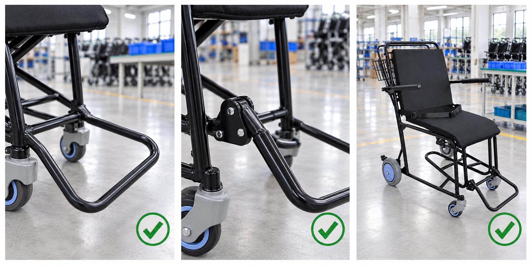Photoreal airport wheelchair foot loop procurement chart covering identity, measurement, inspection, service and record