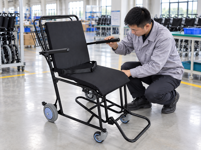 Illustrative East Asian product team reviewing the foot loop on a complete airport wheelchair in mainland China